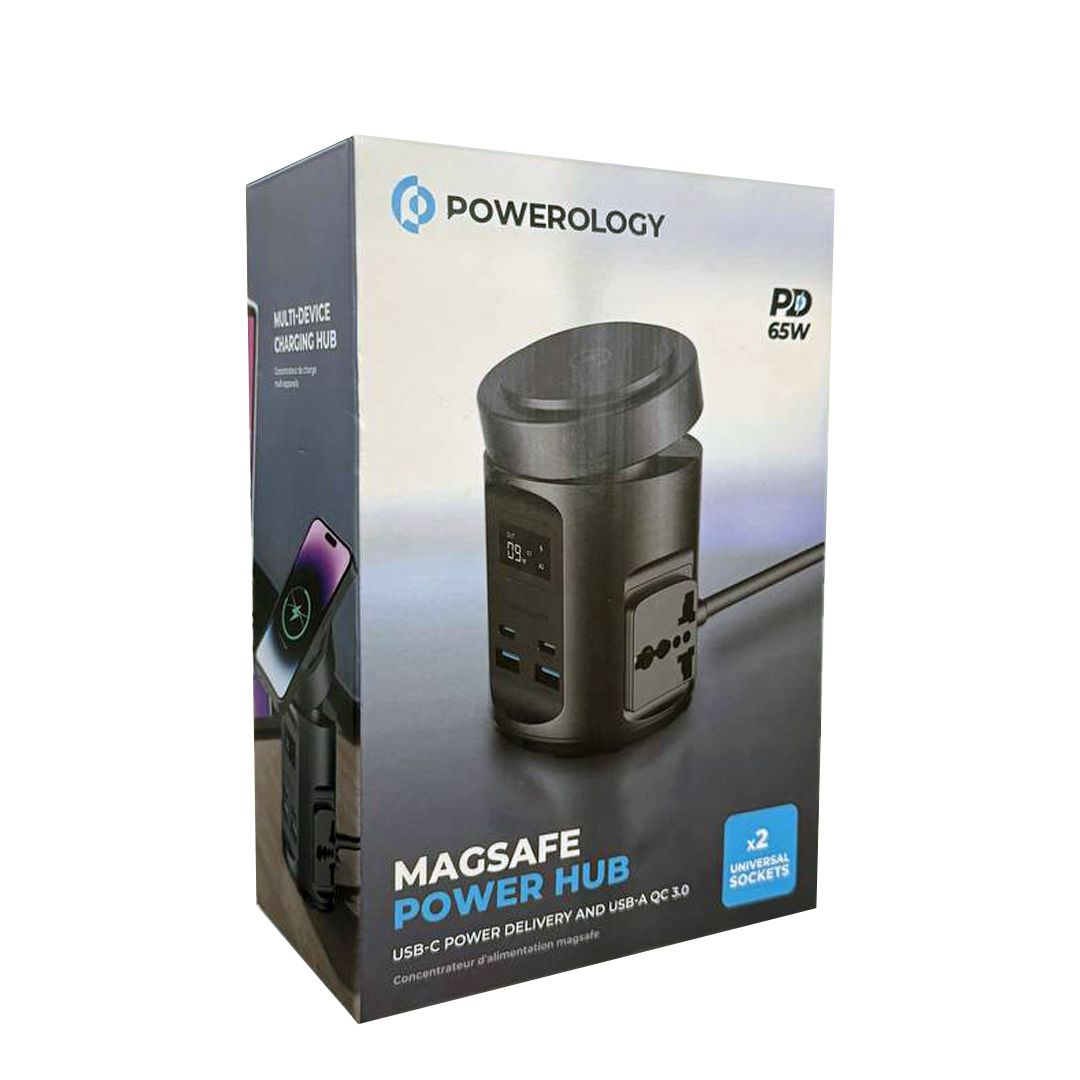 محطة شحن باورولوجي ماج سيف بقوة 65 واط وشحن لاسلكي - اسود | Powerology MagSafe Power Hub PD 65W – Black