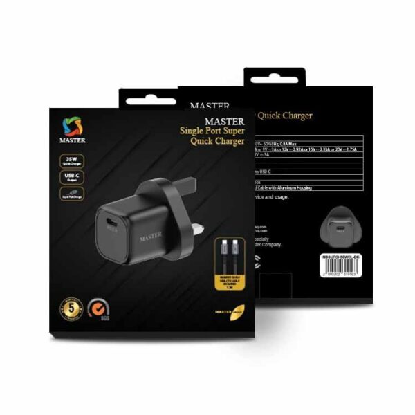 شاحن ماستر بقدرة شحن سريع 35 واط مع كيبل يو اس بي سي الى يو اس بي سي بقدرة 60 واط - اسود | MASTER SUPER FAST CHARGE 35W With Cable 60W C to C – Black