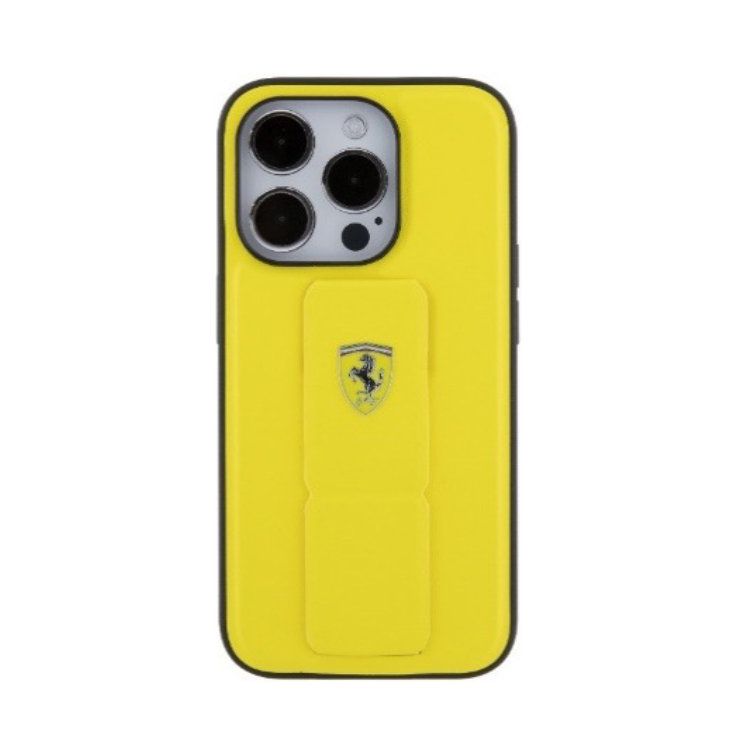 Ferrari Grip Stand PU Hard Case for iPhone 15 Pro Max – Yellow | كفر فيراري لهاتف ايفون 15 برو ماكس مع حامل - اصفر