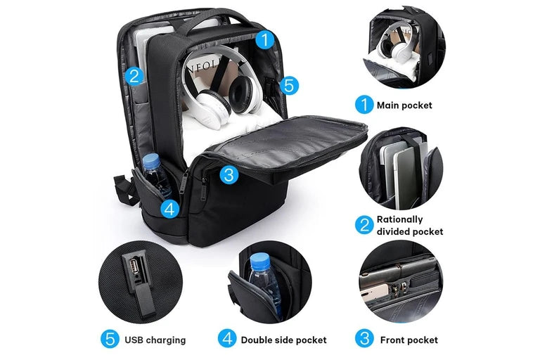 حقيبة بانجي رجالية مقاومة للماء مع منفذ يو اس بي - اسود | BANGE Men Letter Leather Stitching Waterproof Backpack with USB Port – Black