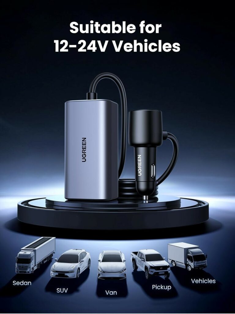 UGREEN 150W USB-C Car Charger with Extended USB-A+2×USB-C Charging Hub - شاحن سيارة يوجرين 150 واط مع هاب شحن ممتد 3 منافذ