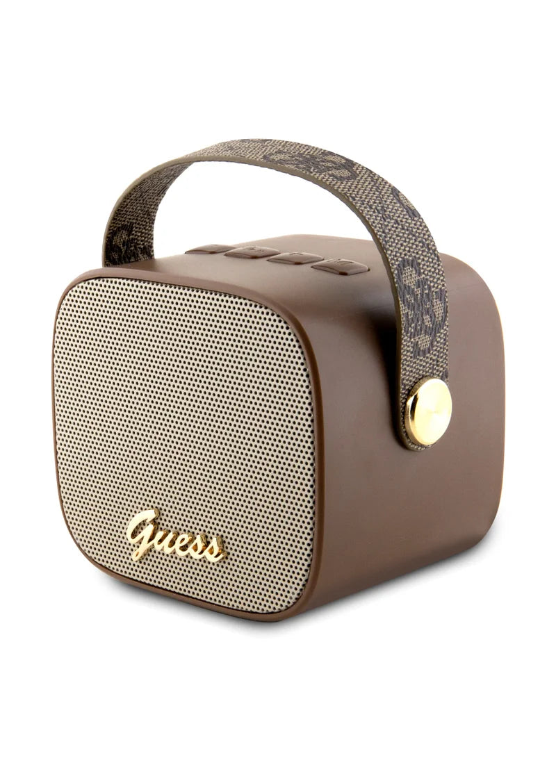 Guess Wireless Speaker with Handle 5W PU 4G Leather Script Logo | سماعة بلوتوث GUESS محمولة بقوة 5 واط, تصميم جلد 4 جي مع حامل يد