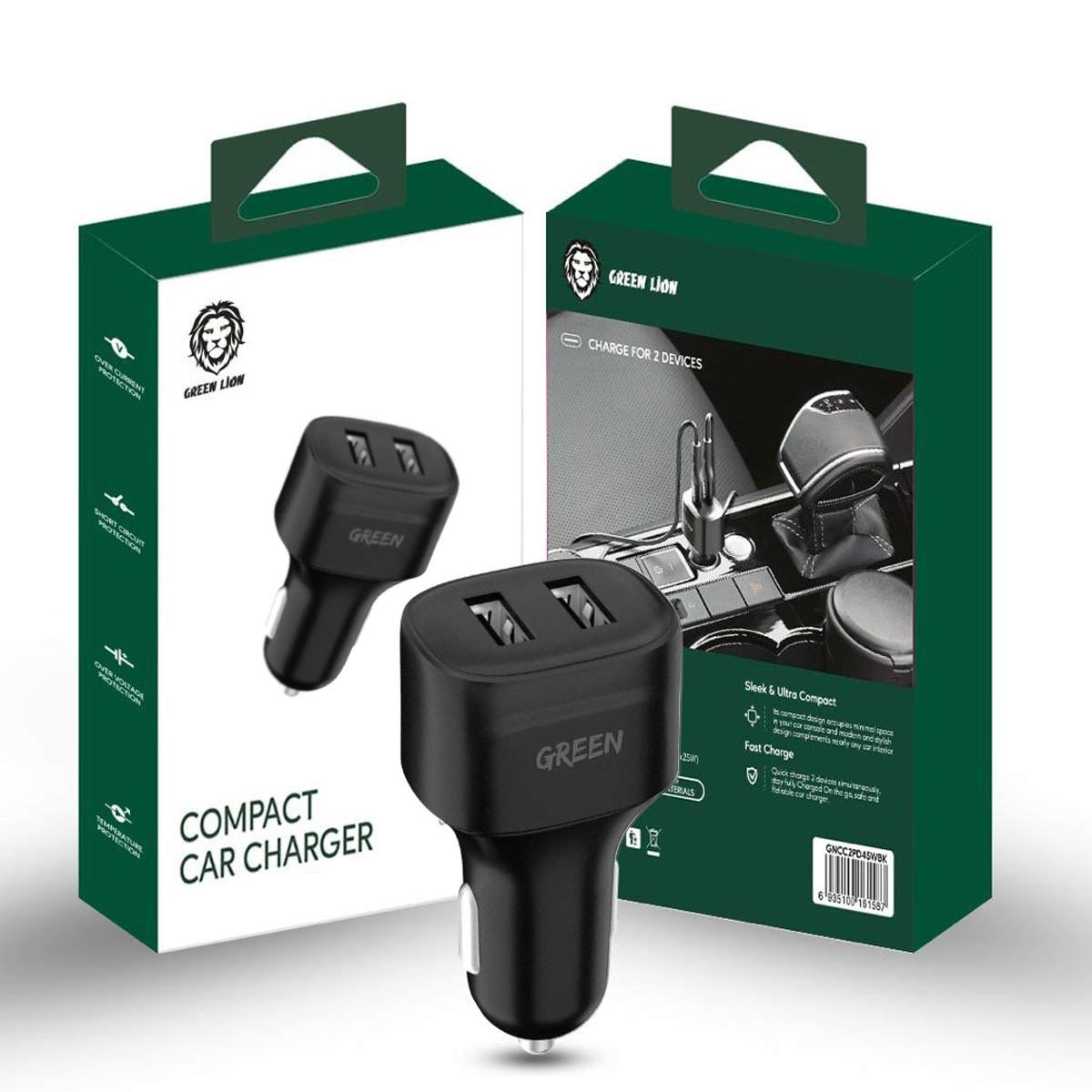 جرين لايون شاحن سيارة ثنائي المنفذ بقدرة 12 واط - اسود | Green Dual Port Car Charger 12W - Black