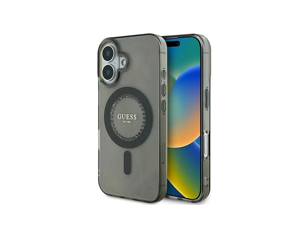 Guess MagSafe IML Hard Case with Rhinestones Design for iPhone 16 Pro | كفر GUESS صلب مع كريستالات وتوافق ماج سيف لهاتف ايفون 16 برو