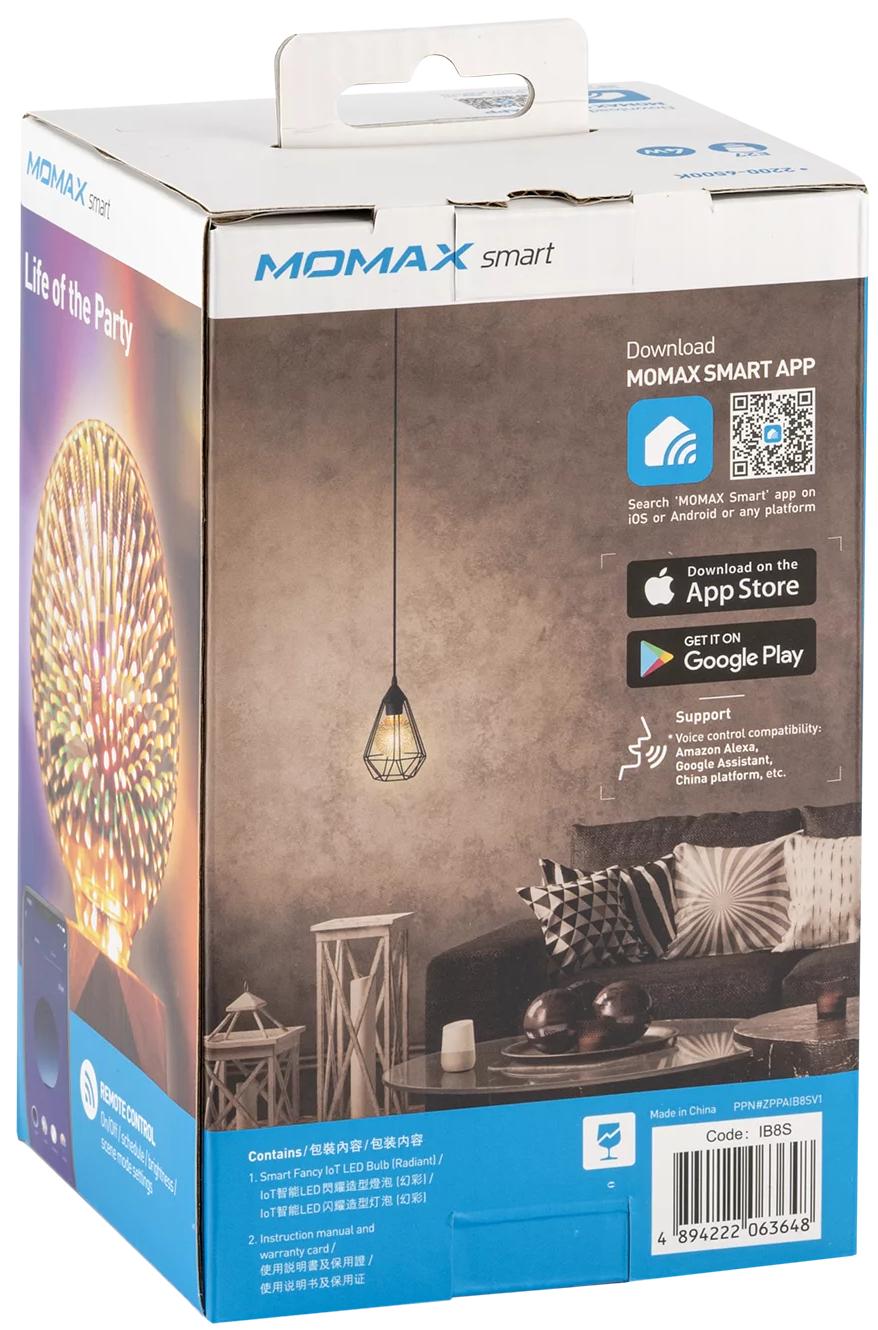 MOMAX IB8S IoT LED Bulb Radiant | Smart Wi-Fi Light Bulb with App & Voice Control - لمبة ذكية من موماكس, إضاءة Wi-Fi قابلة للتعديل بالأوامر الصوتية والتطبيق