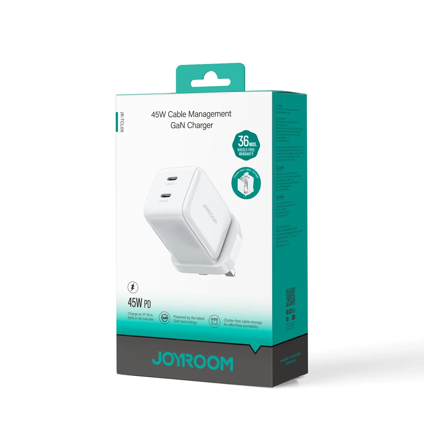 شاحن جداري جويرووم GaN بقدرة شحن 45 واط وخاصية تنظيم الكيبلات - ابيض | JOYROOM JR-TCL05 45W Cable Management GaN Charger UK – White