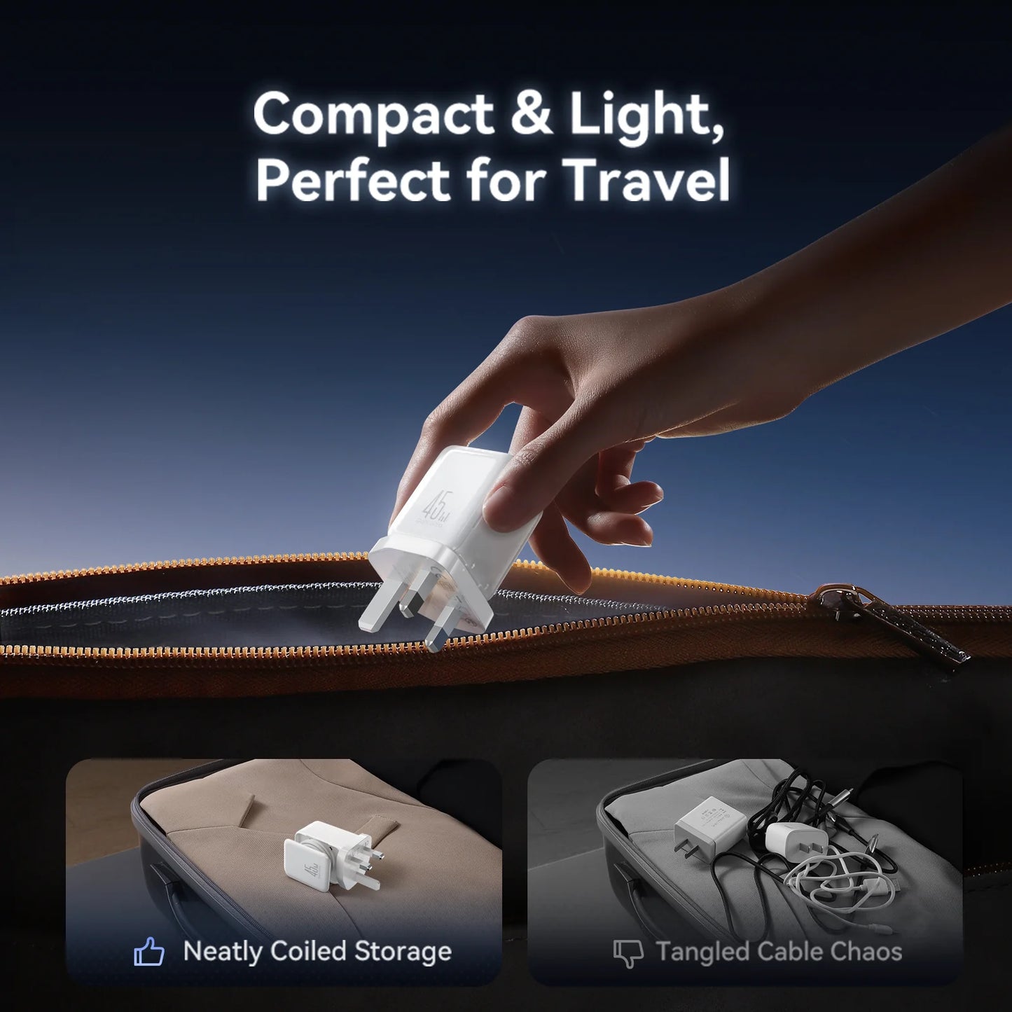 شاحن جداري جويرووم GaN بقدرة شحن 45 واط وخاصية تنظيم الكيبلات - ابيض | JOYROOM JR-TCL05 45W Cable Management GaN Charger UK – White