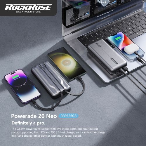 روك روز باوريد 20 نيو باور بانك بسعة 20000 مللي امبير و قدرة 22.5 واط - Rockrose Powerade 20 Neo Power Bank With A Capacity Of 20,000mAh and A Capacity Of 22.5 Watts