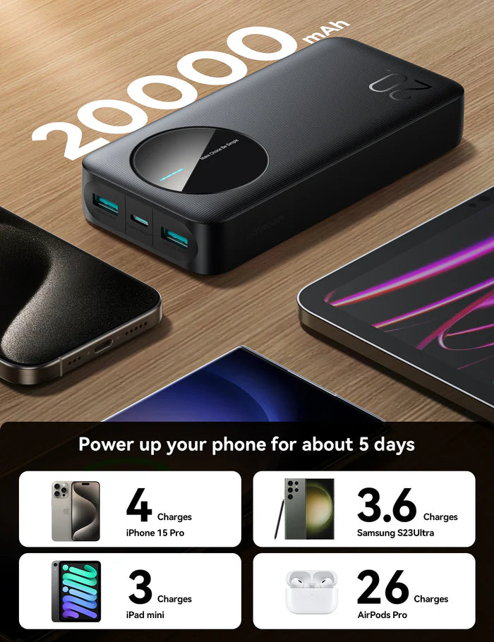 باور بانك جويرووم بسعة 20,000 مللي أمبير وثلاث منافذ مع شاشة رقمية | Joyroom JR-PBF14 20000mAh Power Bank with 3 Ports & LED Display