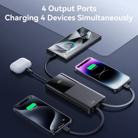 باور بانك جويرووم بسعة 10,000 مللي امبير وبقدرة شحن 22.5 واط مع شاشة رقمية وكيبل تايب سي ولايتننغ مدمجين - اسود | JOYROOM JR-PBF19 10000mAh 22.5W Powerbank with Digital Display and Dual Cables – Black