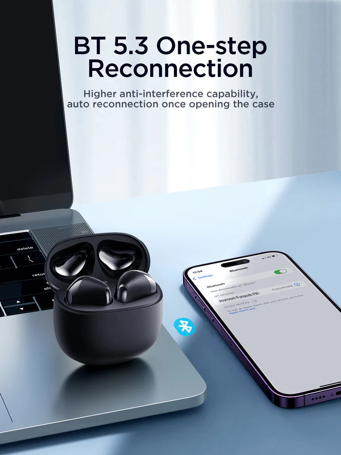 Joyroom JR-FB1 Wireless Earbuds 35H Playtime, 13mm Driver, BT 5.3 - سماعات جويروم اللاسلكية – صوت فائق، تصميم مريح، شحن سريع