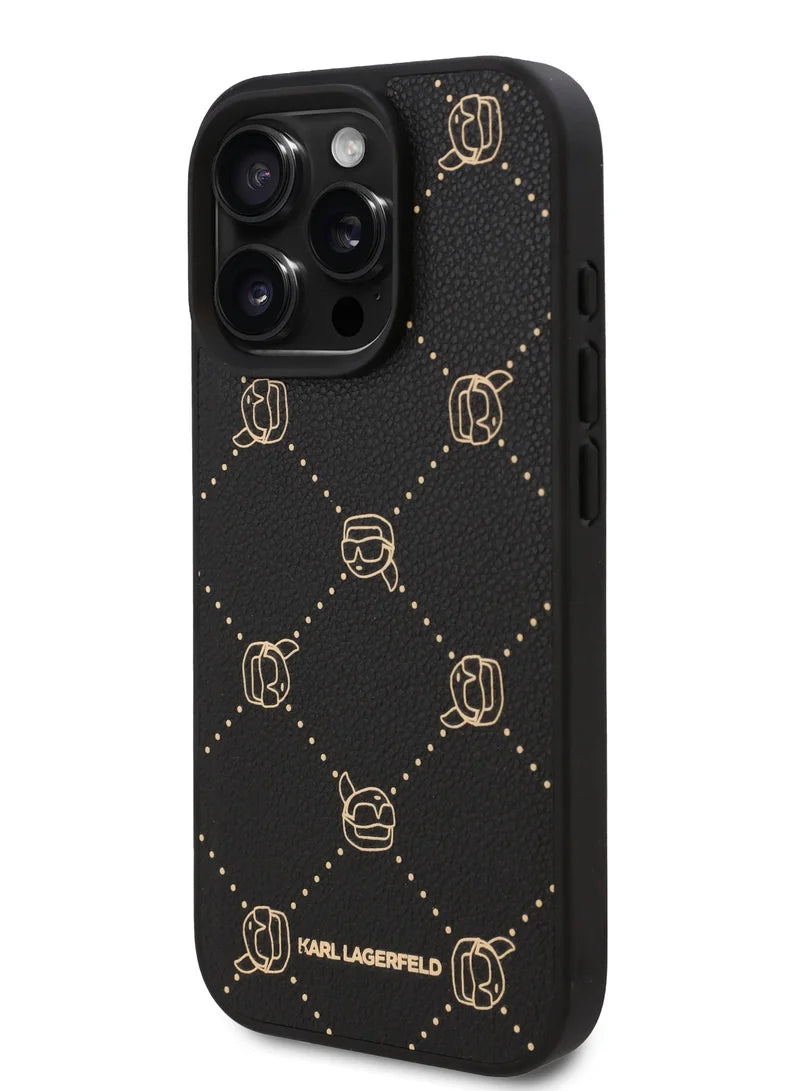 Karl Lagerfeld PU Hard Case with Karl Head for iPhone 16 Pro Max – Black | كفر كارل لاغرفيلد جلدي فاخر بشعار رأس كارل لايفون 16 برو ماكس - اسود