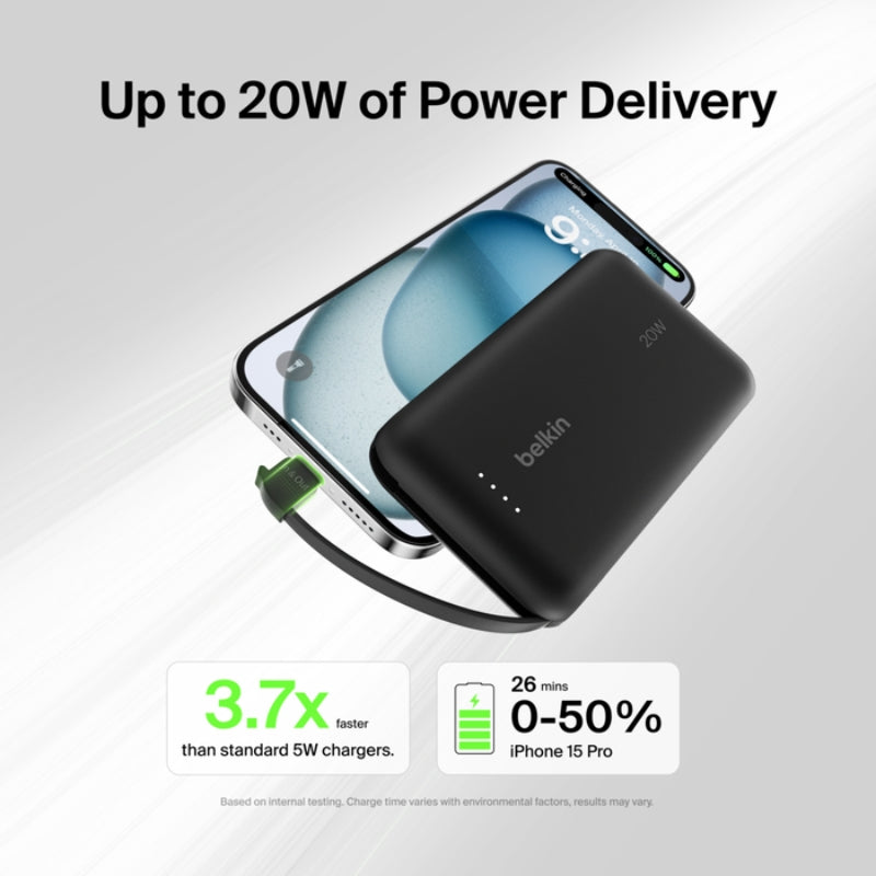 Belkin 10K Power Bank with Integrated USB-C Cable - باور بانك بسعة 10الاف ميلي أمبير مع كيبل تايب سي