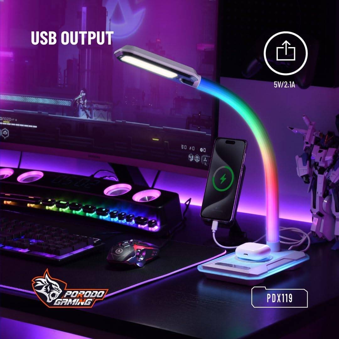 بورودو مصباح مكتبي متعدد الوضائف مع شحن لاسلكي - ابيض | Porodo Multifunctional Esports Desk Lamp with Wireless Charger - White