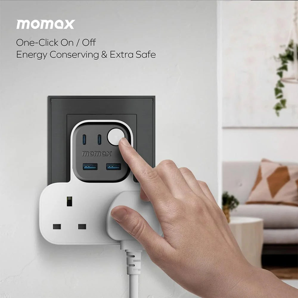 Momax Charge Work Flow T-Shaped Extension - مشترك موماكس جارج ورك فلو بشكل T مع منفذين و4 منافذ USB (2×USB-A و2×USB-C)