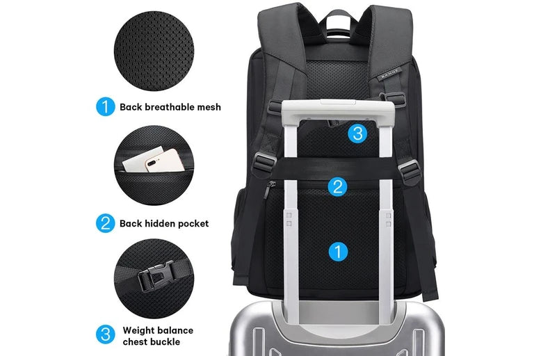 حقيبة بانجي رجالية مقاومة للماء مع منفذ يو اس بي - اسود | BANGE Men Letter Leather Stitching Waterproof Backpack with USB Port – Black