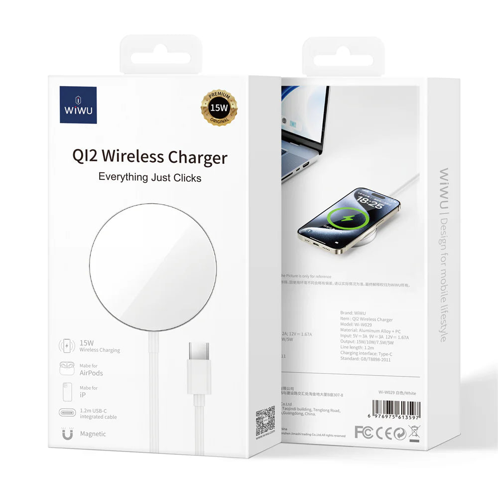 شاحن ويوو WI-W029 لاسلكي مغناطيسي بقدرة شحن 15 واط - ابيض | WiWU Wi-W029 Qi2.0 Magnetic Wireless Charger 15W - White