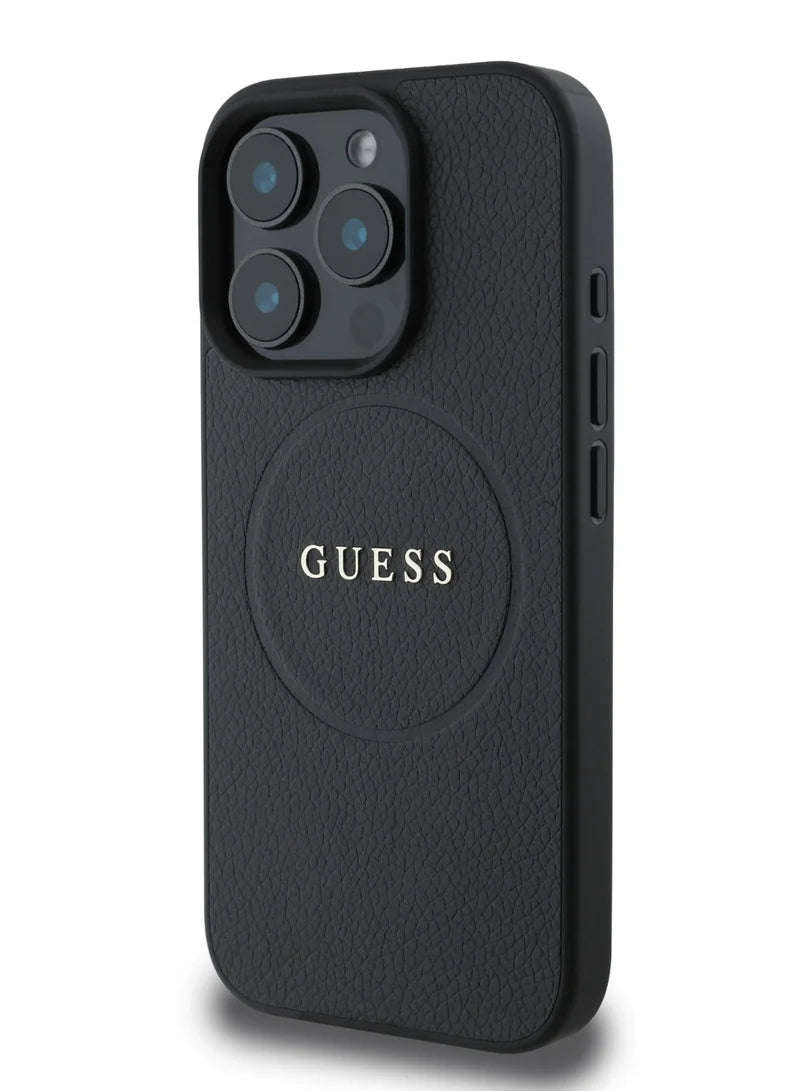 Guess MagSafe PU Grained Hard Case with Gold Ring for iPhone 16 Pro | كفر GUESS صلب بتصميم جلد محبب وحلقة ذهبية ومتوافق مع ماج سيف لهاتف ايفون 16 برو