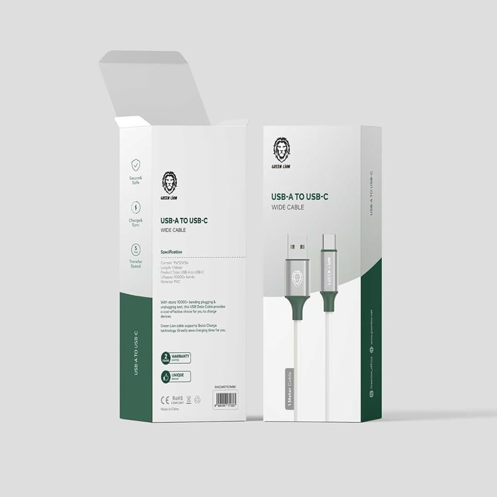 كيبل جرين لايون يو اس بي اي الى يو اس بي سي بطول 1 متر - ابيض | Green Lion PVC USB-A to Type-C Wide Cable 1M - White