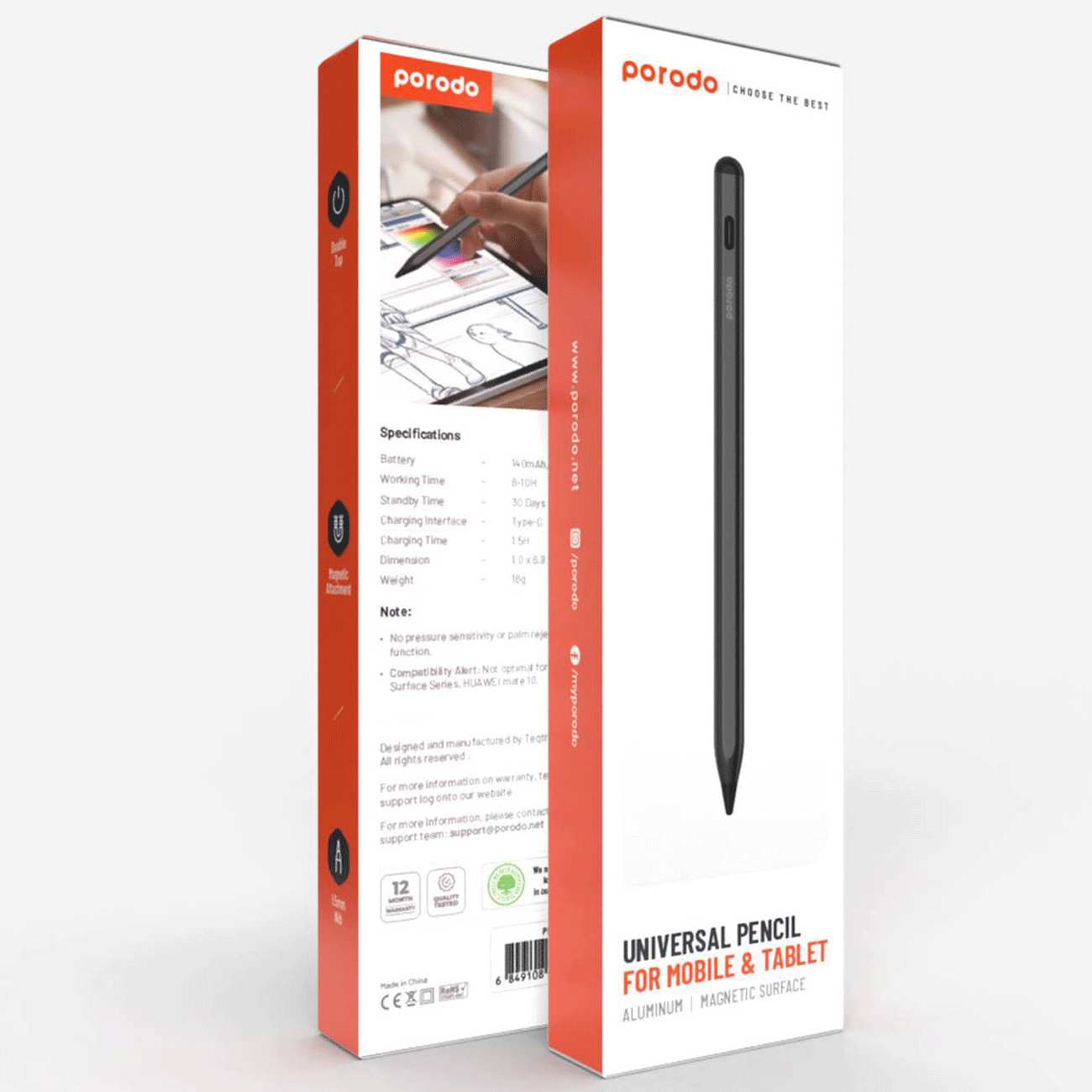 قلم بورودو العالمي الذكي مع مفتاح لمس - اسود | Porodo Universal Smart Pencil with Touch Switch - Black