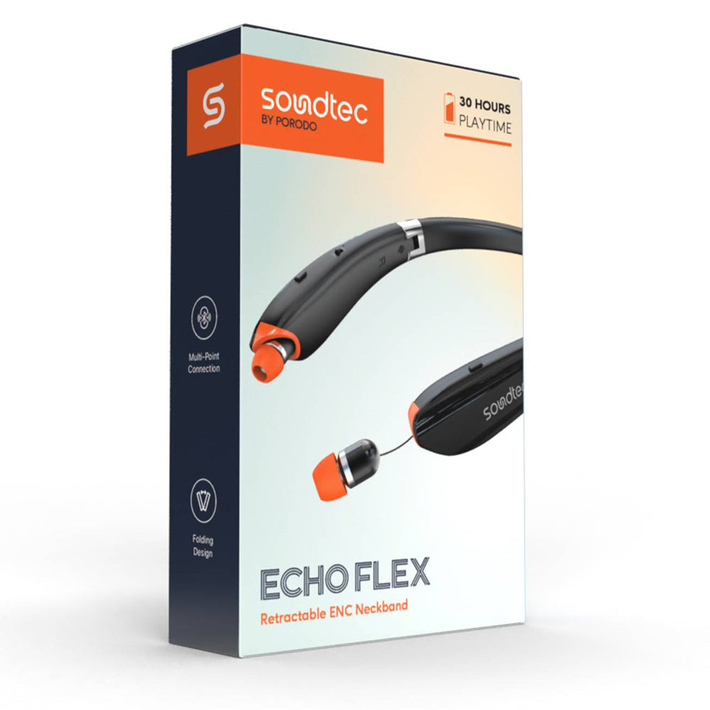 بورودو ساوندتيك سماعة بلوتوث حول الرقبة مع سماعات قابلة للتمديد - اسود | Porodo Soundtec Bluetooth Neck Band with Extendable Earbuds - Black