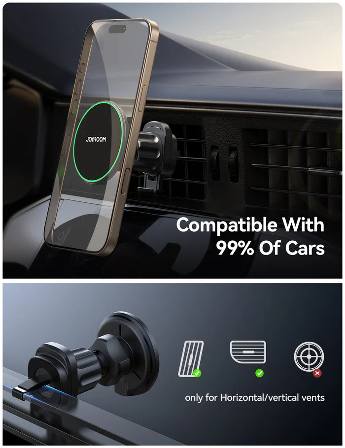 شاحن وحامل هاتف مغناطيسي للسيارة لفتحات التهوية من جويرووم بقدرة شحن لاسلكي 15 واط | JOYROOM JR-ZS412 Magnetic Wireless Air Vent Car Charger Mount – Qi2 15W