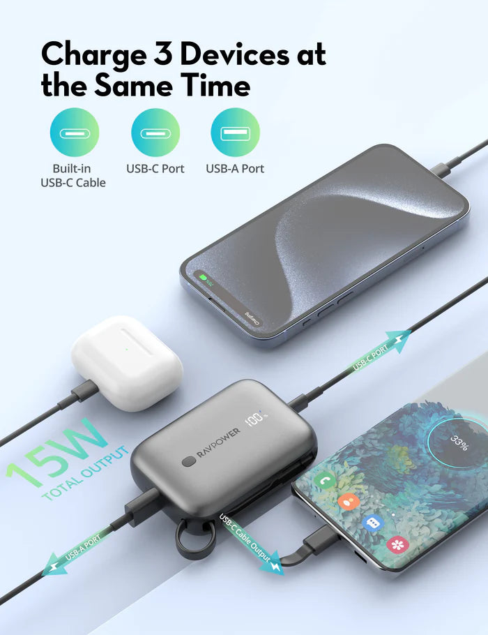 RAVPower RP-PB1224 10000mAh Power Bank 3-Port, 20W PD Fast Charging - باور بانك راف باور سعة 10000 مللي أمبير، 3 منافذ، شحن سريع PD20W