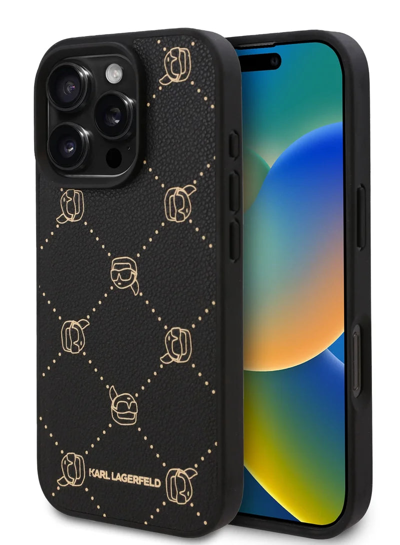 Karl Lagerfeld PU Hard Case with Karl Head for iPhone 16 Pro Max – Black | كفر كارل لاغرفيلد جلدي فاخر بشعار رأس كارل لايفون 16 برو ماكس - اسود
