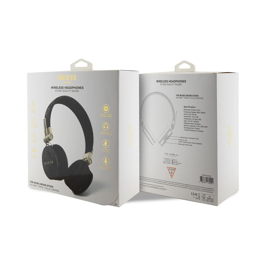 Guess Wireless Headphones 4G PU Leather with Metal Logo – Black | سماعة راس GUESS بلوتوث, جلد بنقشة 4 جي وشعار معدني, تشغيل حتى 32 ساعة - اسود