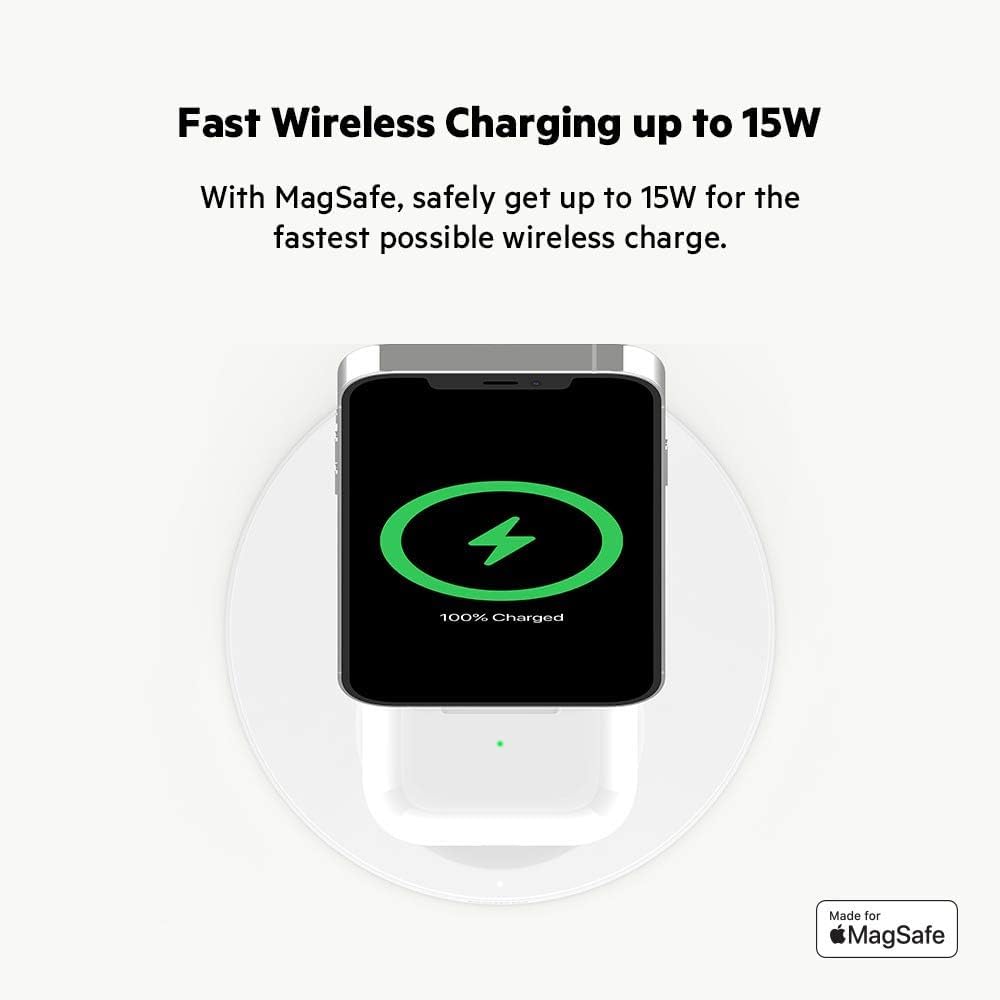 Belkin 2 in 1 Wireless Charger with MagSafe 15W Fast Charging - شاحن بيلكن اللاسلكي 2 في 1 مع ماج سيف حامل شاحن الايفون سريع الشحن بقدرة 15 وات لأجهزة