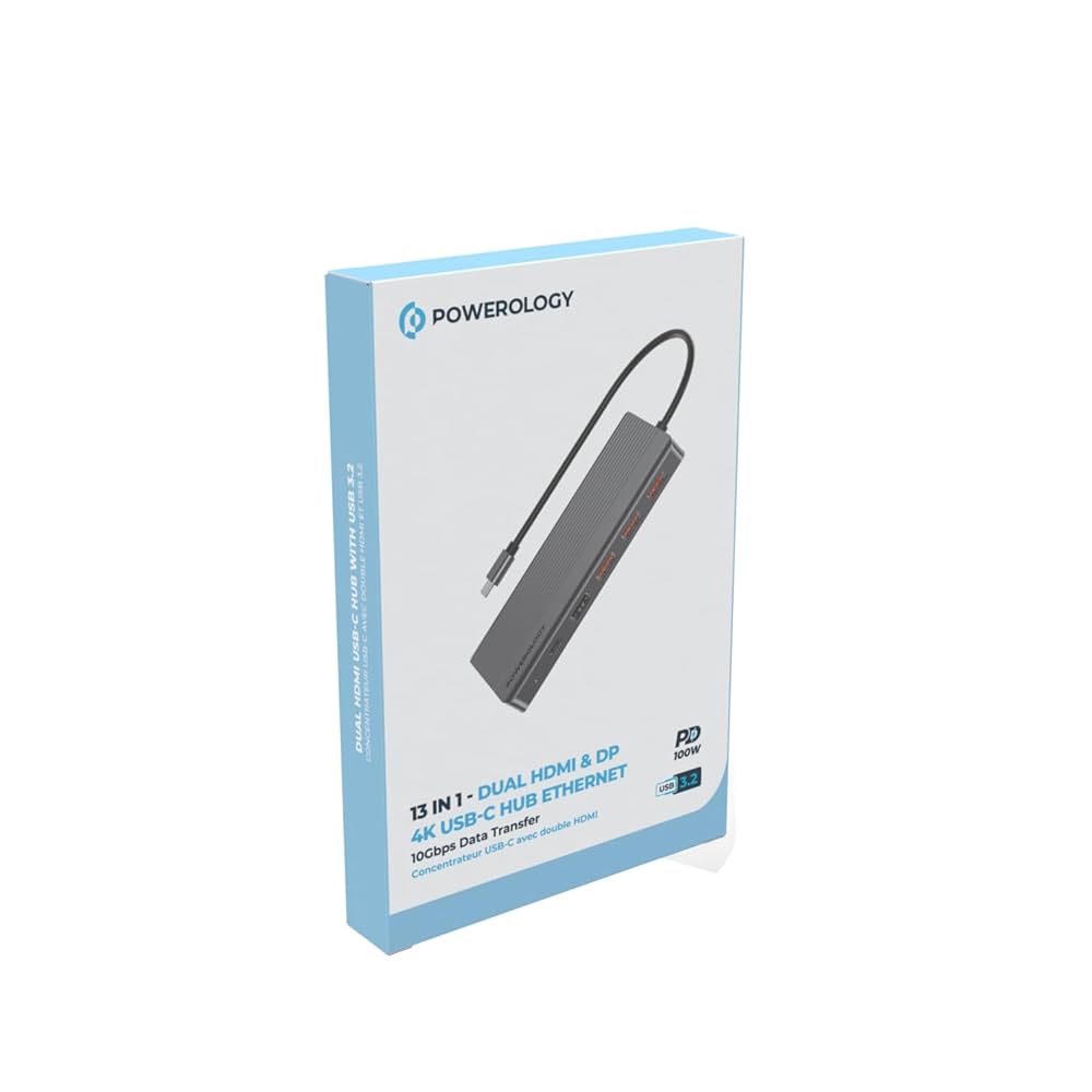 موزع باورولوجي 13 في 1, منفذ HDMI, USB, SD, Micro SD, ايثرنت ومنفذ صوت 3.5 ملم - رمادي | Powerology 13in1 USB-C Hub 4K HDMI Type-C 100W PD Ethernet USB SD MicroSD 3.5mm AUX – Dark Grey
