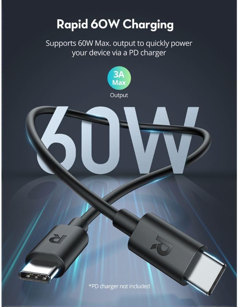RAVPower RP-CB1022 60W Type-C to Type-C Cable 2m - كابل راف باور تايب سي إلى تايب سي بطول 2 متر