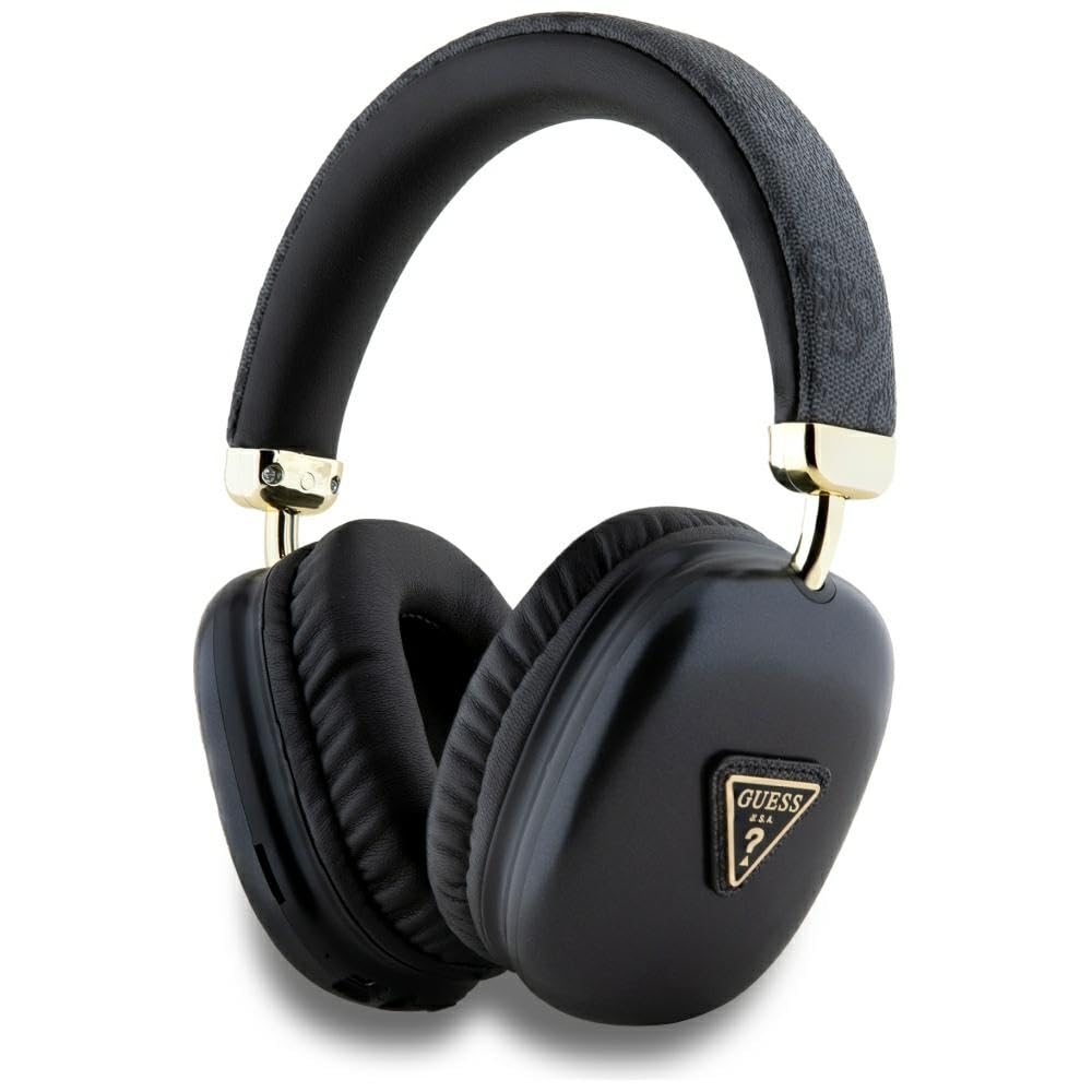 سماعة بلوتوث GUESS بجلد نقشة 4 جي وشعار مثلث ذهبي, 32 ساعة تشغيل - اسود - Guess 4G Bluetooth Headphones with Gold Triangle Logo – Black