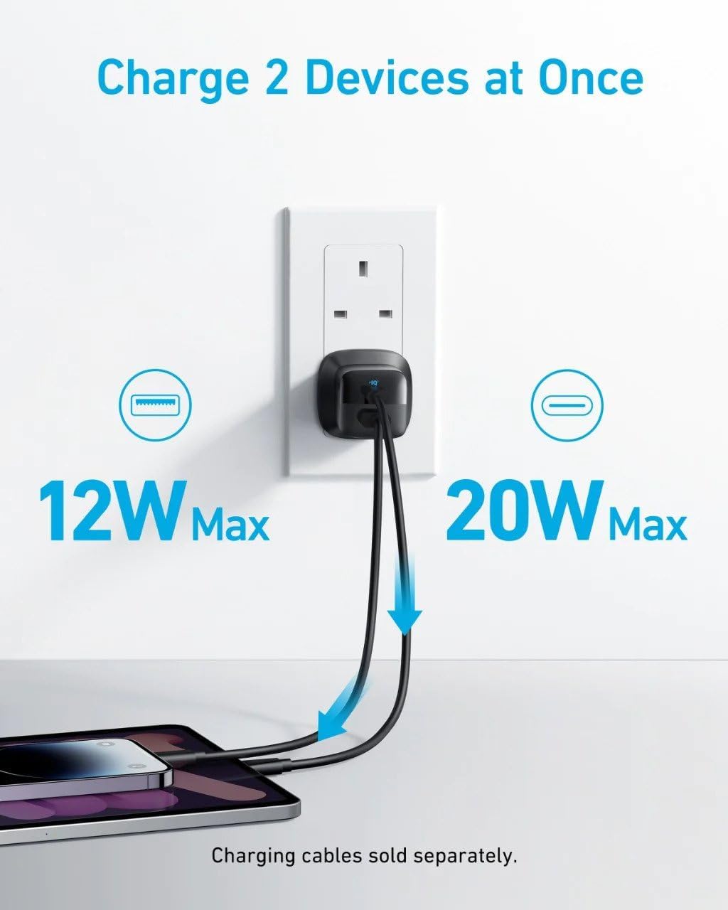 شاحن جداري انكر 323 بمنفذي يو اس بي سي و يو اس بي اي بقدرة شحن 33 واط | Anker 323 USB C Plug Charger 33W