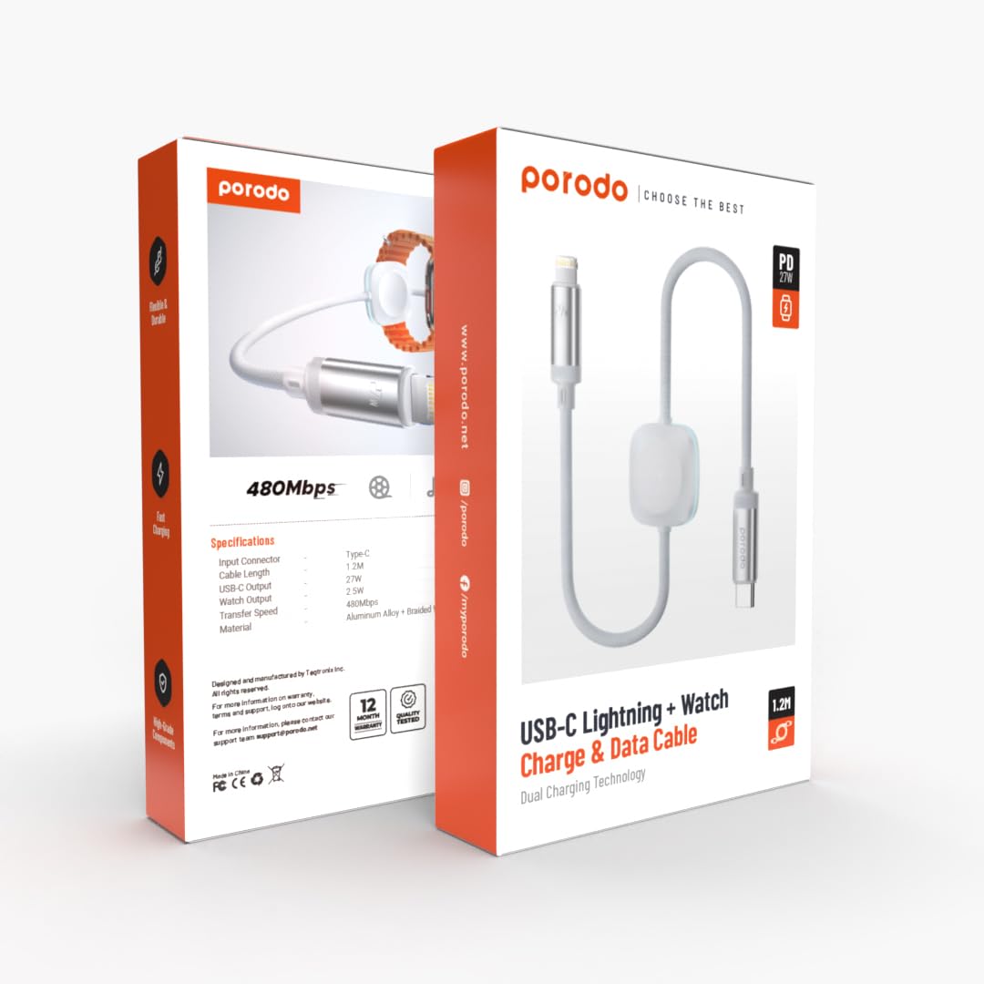 كيبل بورودو 2 في 1 يو اس بي سي الى لايتننغ مع شاحن لاسلكي للساعة بقدرة 27 واط - ابيض | Porodo 2in1 Type-C to Lightning 27W Cable with Wireless Watch Charger - White