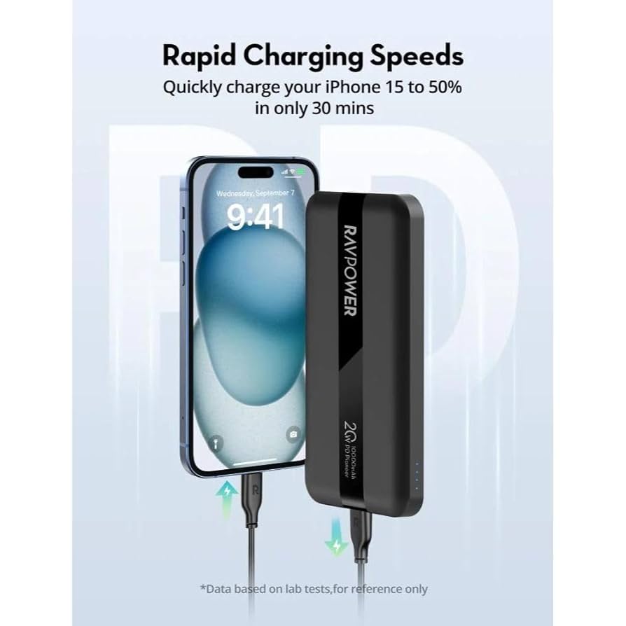 باور بانك راف باور بسعة 10,000 مللي امبير وبقدرو شحن 20 واط - اسود | RAVPOWER PB1236 20W 2 Ports Power Bank (10000mAh) – Black