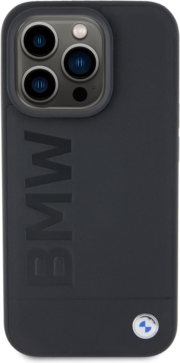 BMW Leather Case, Hot Stamp Logo, Slim Shockproof Cover for iPhone 15 Pro – Black | كفر بي ام دبليو جلدي بنقش حراري وشعار بارز لهاتف ايفون 15 برو, نحيف ومقاوم للصمات, اسود