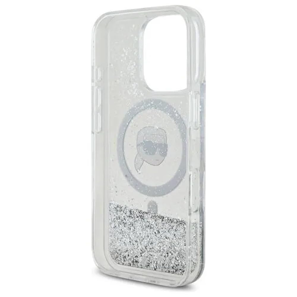 Karl Lagerfeld MagSafe Liquid Glitter Hard Case with Karl Head for iPhone 16 Pro Max | كفر كارل لاغرفيلد شفاف بلمعة سائلة ودعم ماج سيف لهاتف ايفون 16 برو ماكس