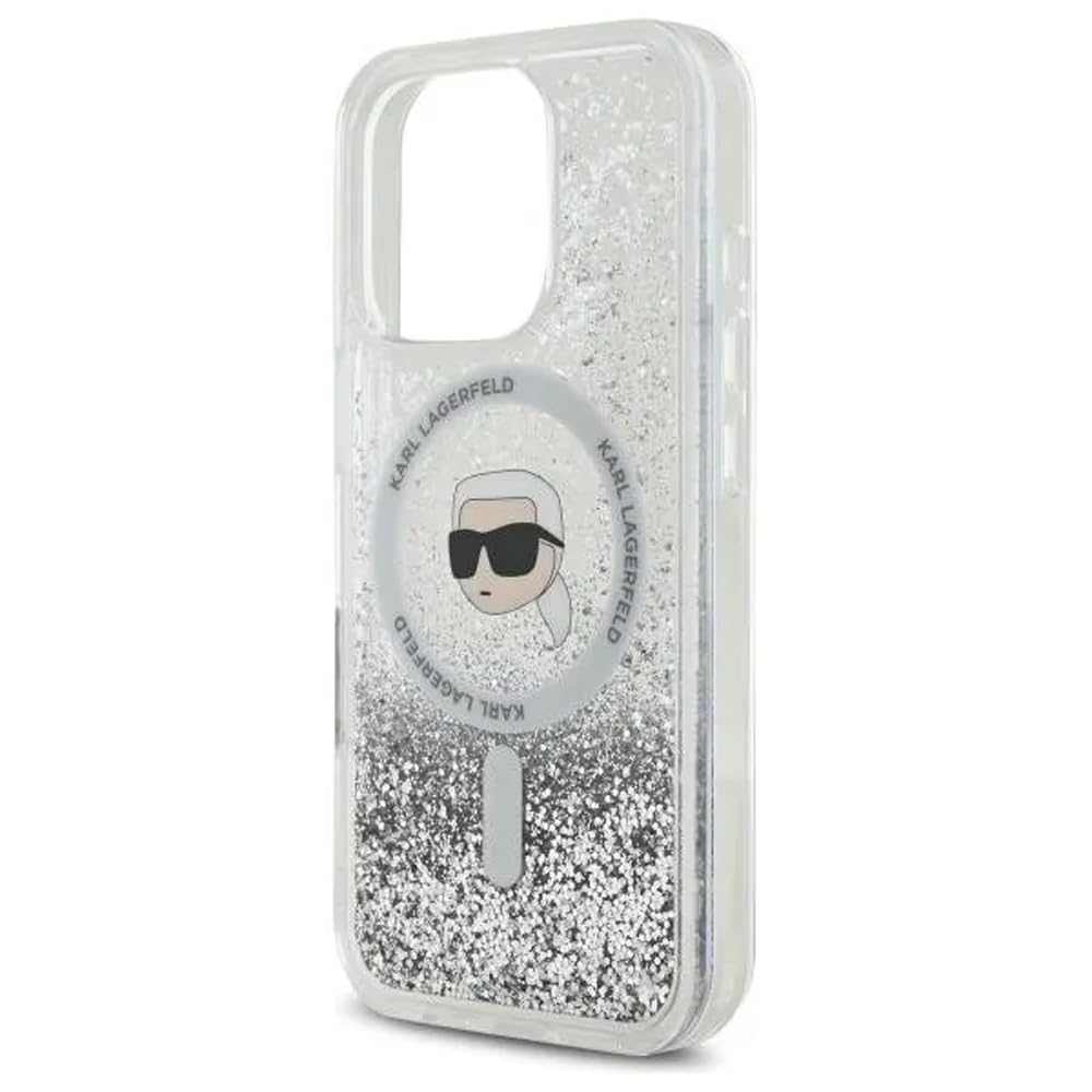 Karl Lagerfeld MagSafe Liquid Glitter Hard Case with Karl Head for iPhone 16 Pro Max | كفر كارل لاغرفيلد شفاف بلمعة سائلة ودعم ماج سيف لهاتف ايفون 16 برو ماكس