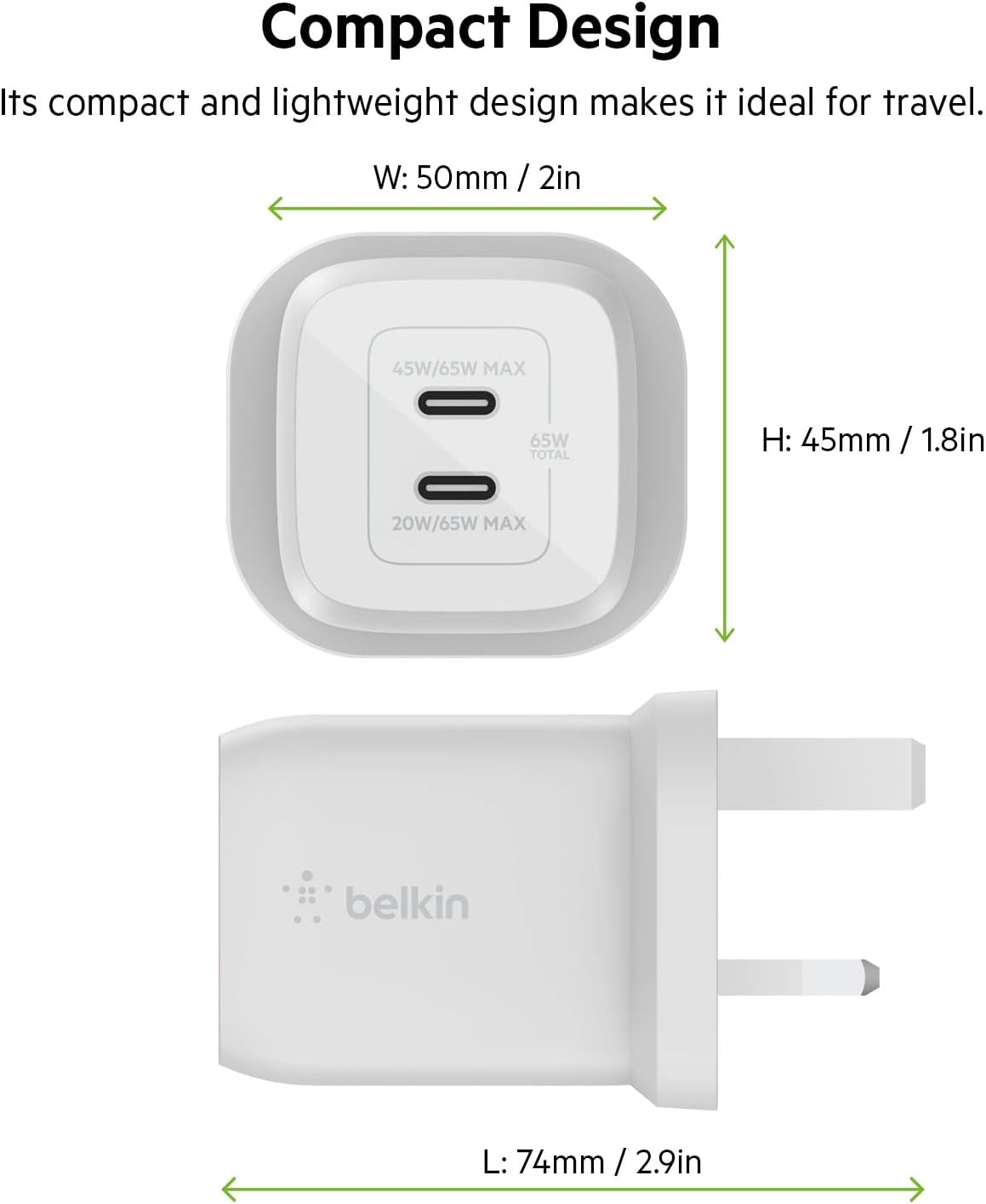 Belkin 65W Dual USB Type C Wall Charger Fast Charging Power Delivery 3.0 with GaN Technology - شاحن حائط بيلكين 65 وات مزدوج يو اس بي من التايب سي توصيل سريع للطاقة 3.0 مع تقنية جان شاحن سريع بقابس يو اس بي لأجهزة