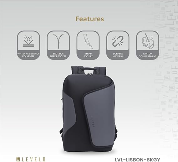 حقيبة ظهر لابتوب ليفيلو لشبونة مقاس 15.6 انش - اسود/رمادي | Levelo Lisbon Carrying Laptop/Universal 15.6” Backpack – Black/Gray