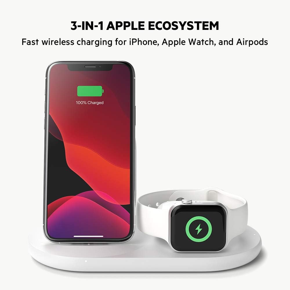 شاحن لاسلكي 3 في 1 من بيلكين مع قاعدة شحن لاسلكية 7.5 واط - Belkin BoostCharge 3 in 1 Wireless Charger for Apple iPhone Apple Watch and AirPods