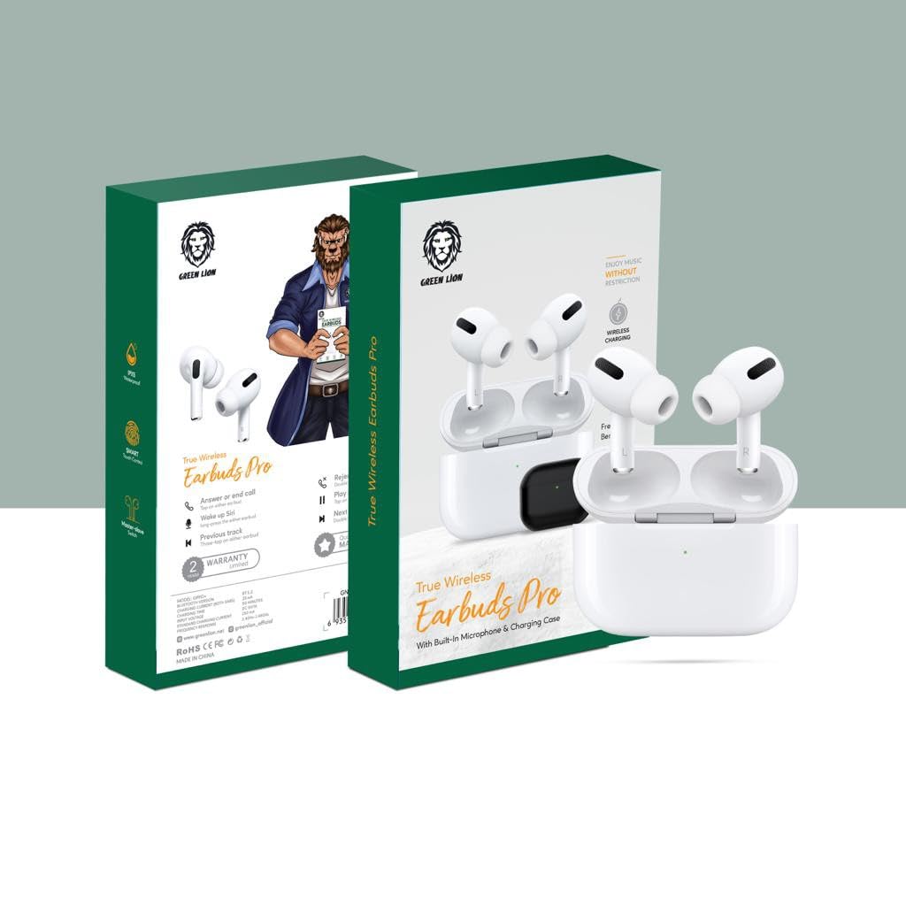 سماعات جرين لايون جرين بودز برو اللاسلكية مع مايكروفون وقاعدة شحن | Green Lion True Wireless Green Buds Pro with Built-In Microphone & Charging Base