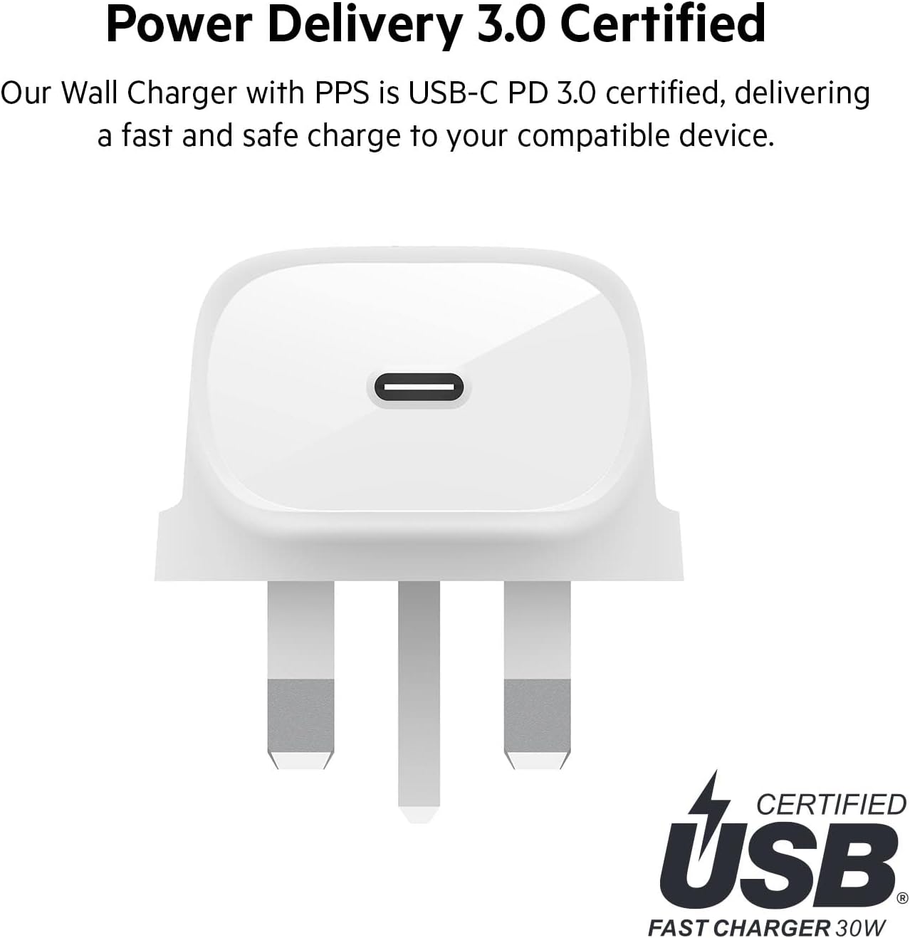 Belkin 30W USB C Wall Charger with USB-C to Lightning Cable PPS PowerDelivery - شاحن حائط تايب سي بقدرة 30 واط من بيلكن مع كابل تايب سي إلى لايتننج
