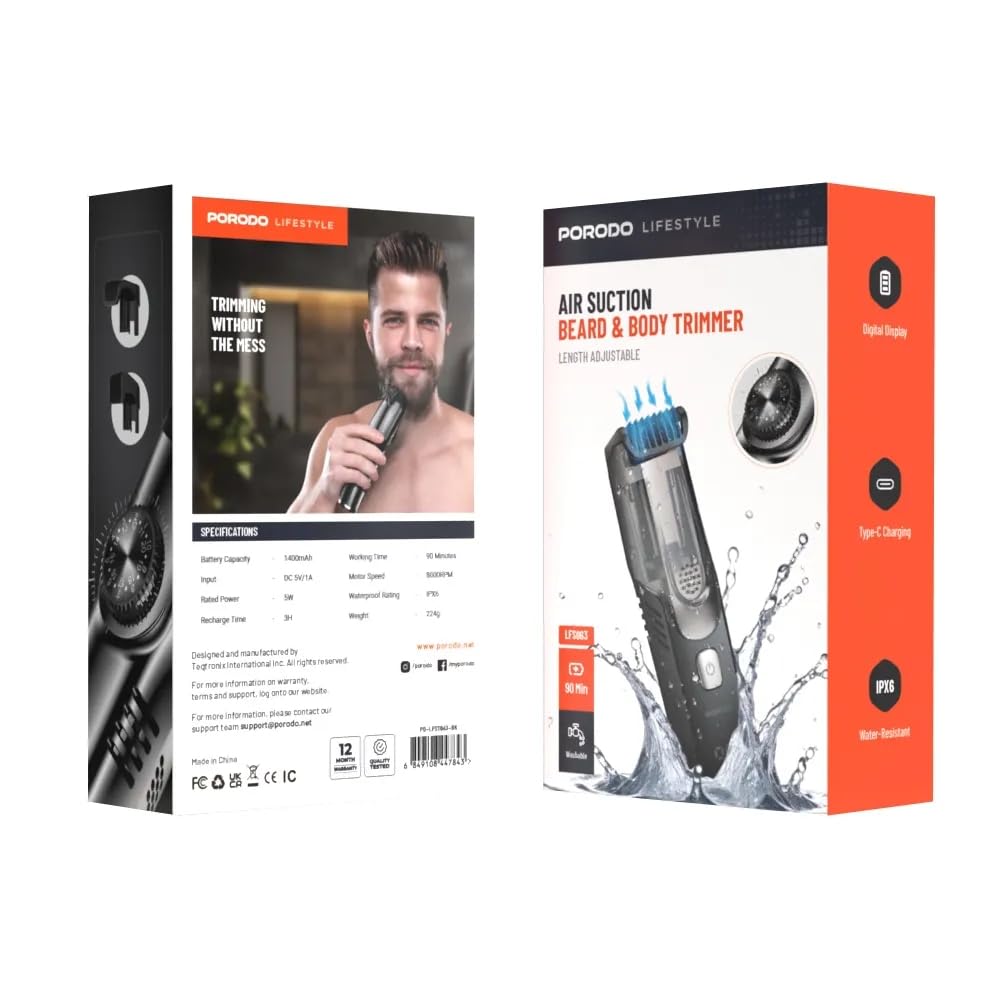 ماكينة حلاقة مزدوجة بورودو مقاومة للماء مع تقنية الشفط الهوائي قابلة للشحن ببطارية 1400 مللي امبير - رمادي | Porodo Lifestyle Waterproof Dual Rechargeable Vacuum Trimmer 1400mAh - Black