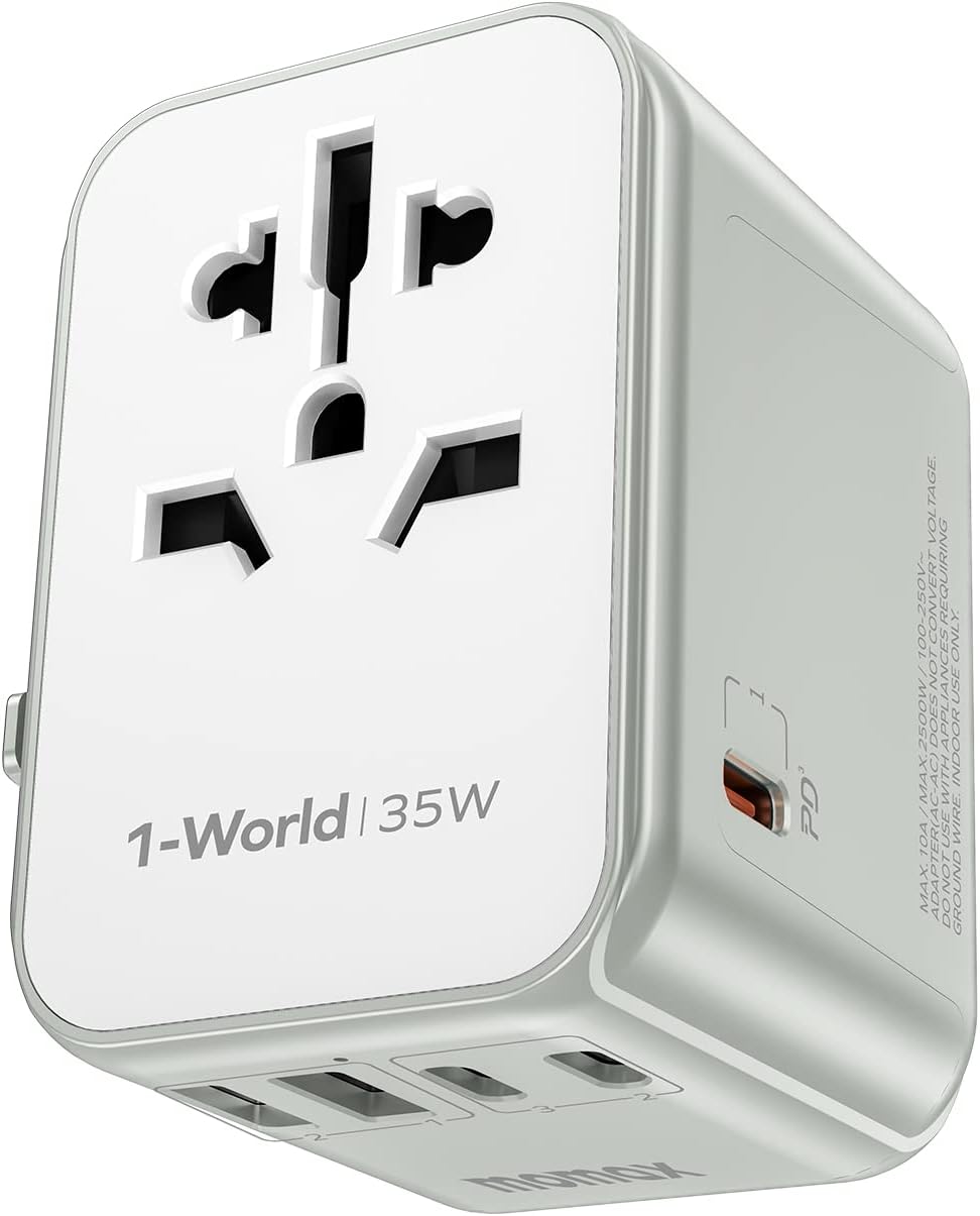 MOMAX International Plug Adapter PD 35W Travel Power Adapter Universal Charger with 3 USB-C + 2 USB-A Ports - شاحن جداري من موماكس بقدرة 35واط و 3 منافذ يو اس بي سي و 2 منافذ يو اس بي أ