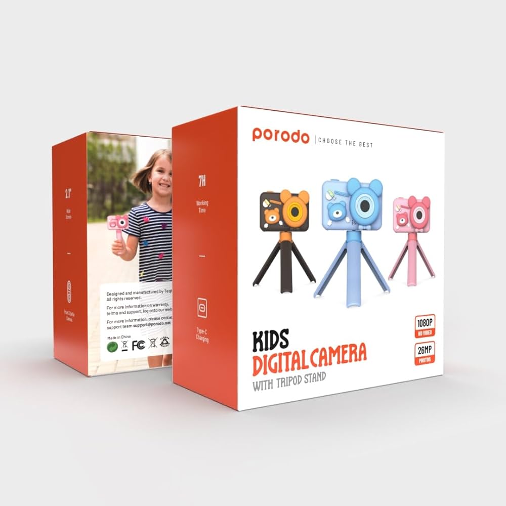 كاميرا رقمية للاطفال مع ترايبود من بورودو, 26MP بدقة 1080P وبطارية بسعة 400 مللي امبير - بني | Porodo Kids Digital Camera with Tripod Stand 26MP 1080P 400mAh - Brown