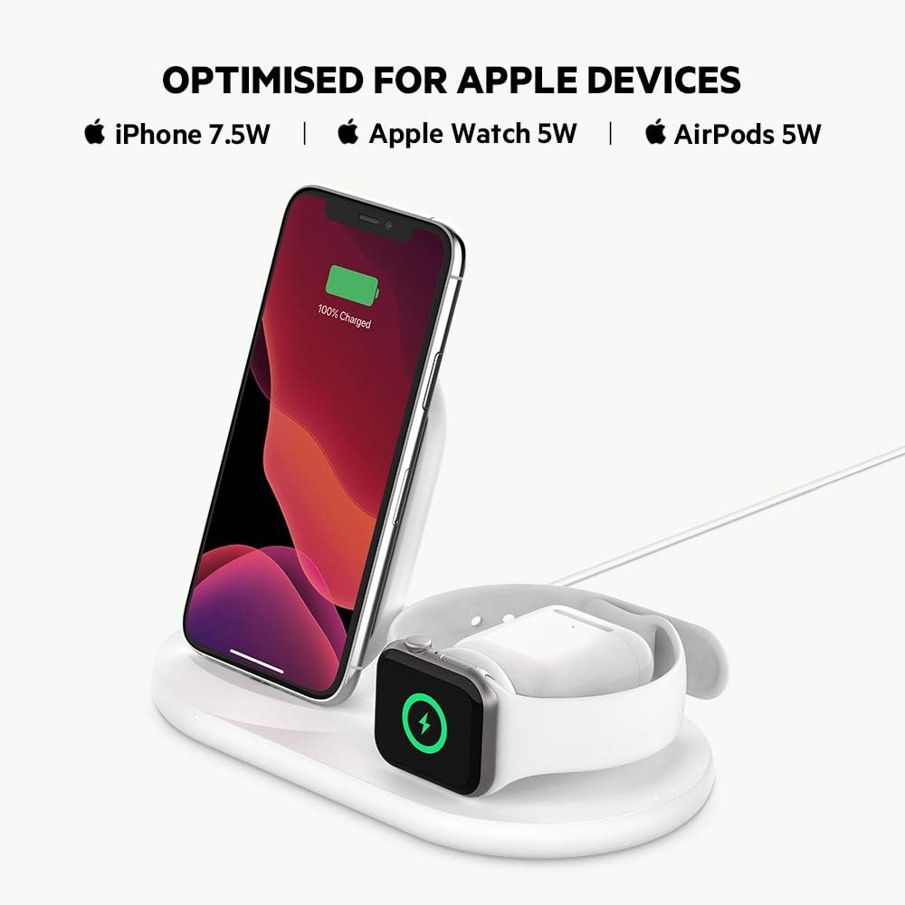 شاحن لاسلكي 3 في 1 من بيلكين مع قاعدة شحن لاسلكية 7.5 واط - Belkin BoostCharge 3 in 1 Wireless Charger for Apple iPhone Apple Watch and AirPods