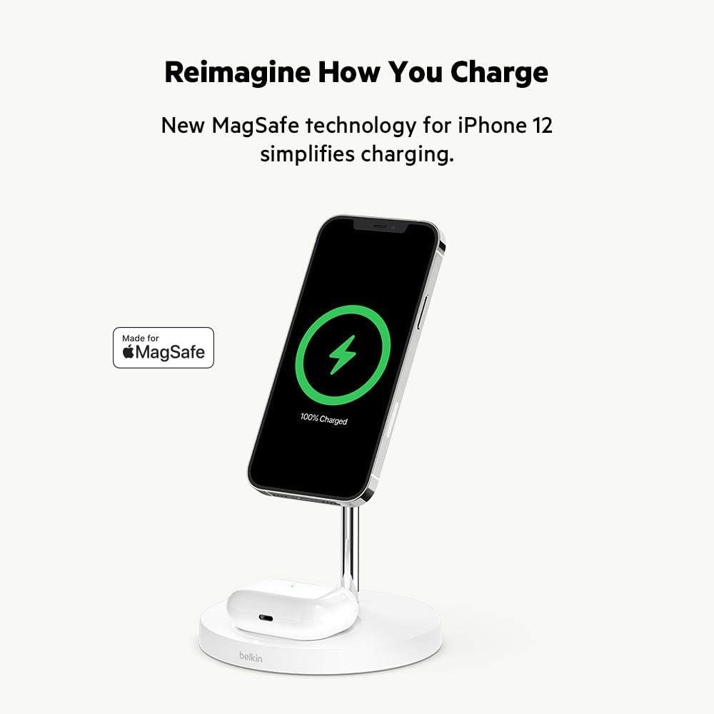 Belkin 2 in 1 Wireless Charger with MagSafe 15W Fast Charging - شاحن بيلكن اللاسلكي 2 في 1 مع ماج سيف حامل شاحن الايفون سريع الشحن بقدرة 15 وات لأجهزة