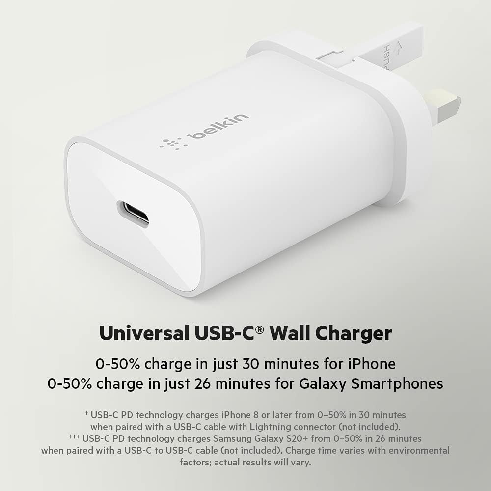 Belkin BoostCharge 25W wall charger with PPS USB charger plug with USB-C Power Delivery - شاحن جداري بقوة 25 واط براس شحن يو اس بي سي بتقنية البوست شارجر